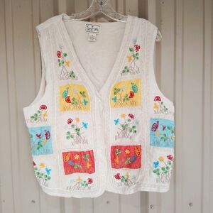 Women's Trantrums Off White Embroidered Floral Vest Plus Size 1X Cotton & Linen